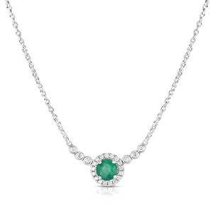 Collier émeraude ronde émeraude de Zambie avec halo de diamants, or 14 carats, bijoux fins de luxe, pendentif élégant pour femme - Product Image 1