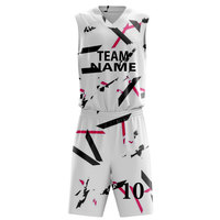 Ensemble de maillots de basket-ball sublimés personnalisés, blanc, noir et rose, imprimé géométrique, col en V, sans manches, évacuation de l'humidité, unisexe, adulte