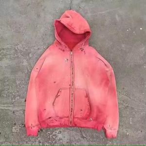 Sudadera con capucha de invierno de algodón 100% con cremallera, estilo boxy, con pedrería y efecto desgastado, bordado personalizado, estilo streetwear casual, de moda - Product Image 3