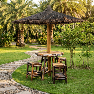 Natural Bamboo Outdoor <b>Table</b> Set with Umbrella Roof and Bar Chairs for Garden <b>Patio</b> Resort Furniture Decor - Product Image 3