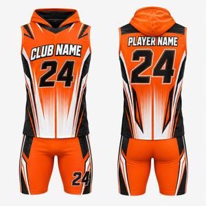 Conjunto de Uniforme de Baloncesto Personalizado Sublimado en Spandex, Naranja, Negro y Blanco, Talla 24, Transpirable, Unisex para Adultos, con Capucha, Sin Costuras - Product Image 1