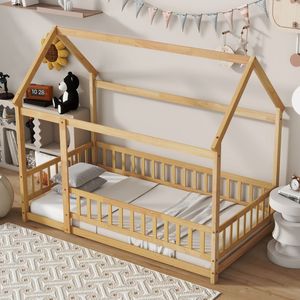 Lit en bois naturel double avec cadre de toit et barrières de sécurité, design maison sur pied - Product Image 3