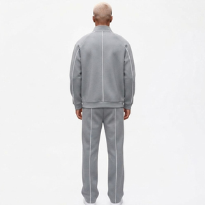 Men's Gray <b>Tracksuit</b> Full Zip Hooded Sweatshirt and Pants Set Solid Color Sportwear with White Trim Piping Design Autumn Wear - Product Image 3