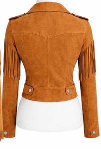 Factory Direct Tan Cognac Light Brown Women <b>suede</b> Leather <b>Jackets</b> Fashionable with fringes - Product Image 3