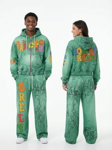 Conjuntos de dos piezas con logo personalizado y estampado de invierno: Sudadera con capucha con cremallera y pantalones de chándal oversize, cómodos, estilo vintage lavado, corte relajado y ajustado. - Product Image 3