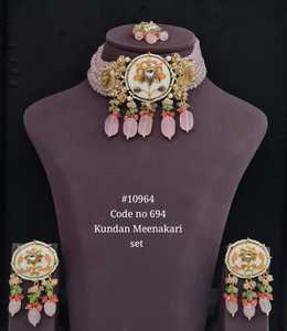 Ensemble de bijoux Kundan Meenakari, design floral, plaqué or, collier, boucles d'oreilles, tikka, bijoux de mariage pour femmes, 694 - Product Image 5