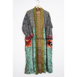 Kimono japonais pour femmes en soie indienne, patchwork, col en V, fermeture à cordon, longueur intégrale, manches trois-quarts, 100% soie douce - Product Image 2