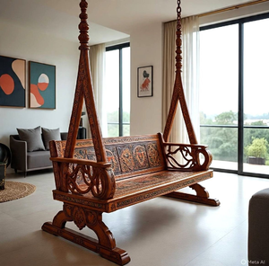 Elegant dark wood swing featuring a protective canopy roof and striped upholstery <b>cushions</b>, available at wholesale prices. - Product Image 3