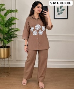 Women Brown Cotton Kurta <b>Palazzo</b> Set With <b>White</b> Floral Embroidery Casual Wear India Pakistan Style All Seasons 86468 SHAGUN - Product Image 2