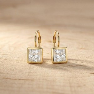 Exquisite Women <b>Drop</b> Earring Showcasing 2CT Per Pair Princess Cut Lab Grown Diamonds Set In 10K 14K 18K Solid Gold Fine Jewelry - Product Image 2