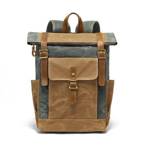 Grey Khaki Waxed Canvas <b>Backpack</b> Genuine Leather Straps Vintage Travel Daypack - Product Image 4