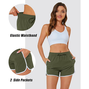 Shorts de sport pour femmes en polyester vert avec bordure contrastée, shorts de yoga avec cordon de serrage, poche latérale, séchage rapide, respirant, shorts de course - Product Image 4