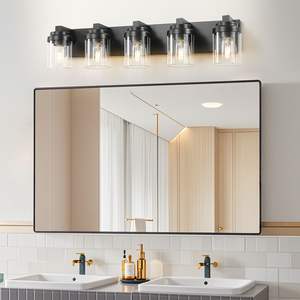 Modern 5-Light <b>Bathroom</b> Vanity Light 31\" <b>Black</b> Glass Shade Wall Sconce with Mirror for Bedroom Porch Hallway-Bulbs Not Included - Product Image 3