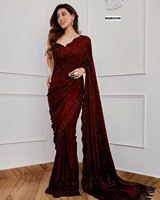 Sari en georgette de luxe festif, orné de broderies de sequins lourds et d'une bordure ajourée, avec un chemisier en soie, pour femmes, vêtements ethniques.