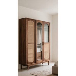 Armario Moderno de Madera Maciza con Detalles de Ratán Tejido y Elegante Diseño de Puerta de Vidrio - Product Image 1