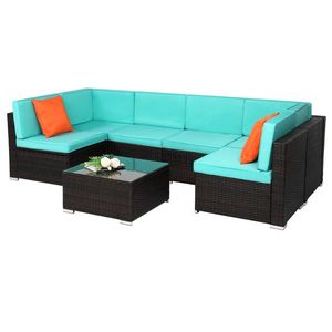 Set da Giardino in Rattan Marrone Sfumato 7 Pezzi con Cuscini Blu Lago, Imballato Sottovuoto - Product Image 6