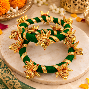 Trendy Designer Gota Bangles, Flower Shape Gotta Patti Work Handmade Green Bangles for Women & Girls, Indian Festival Jewelry - Product Image 5