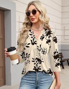 Aura Henley - Blusas de Verano para Mujer, Elegantes y Casuales, con Cuello en V, Plisadas, Holgadas, de Manga Corta, para el Trabajo - Product Image 1