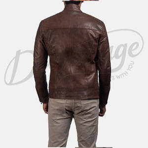 เสื้อแจ็คเก็ตหนังแกะแท้สีน้ำตาลทรงคาเฟ่เรเซอร์สำหรับผู้ชาย ทรงเข้ารูป สวมใส่สบาย เหมาะสำหรับฤดูใบไม้ร่วงและฤดูหนาว  คอปกติดกระดุม  แบบลำลอง - Product Image 4