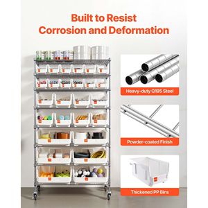 Scaffale Portaoggetti a 8 Ripiani con 26 Contenitori, Sistema di Scaffalature in Filo d'Acciaio con Ruote Mobili per Organizzazione Attrezzi - Product Image 6
