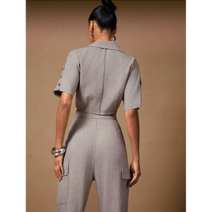 The Heirloom <b>Linen</b> Blend Cropped Blazer & Cargo Trouser <b>Set</b> a cropped short sleeve blazer featuring a sophisticated notched - Product Image 5