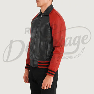 Chaqueta Bomber de Cuero Genuino Bicolor Negro y Rojo para Hombre con Cuello Camisero Clásico y Puños Acanalados a Rayas - Product Image 5