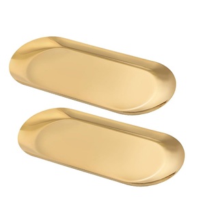 Juego de 2 bandejas de servir doradas, ovaladas, de acero inoxidable, decorativas, para guardar toallas y organizar joyas, modernas. - Product Image 1