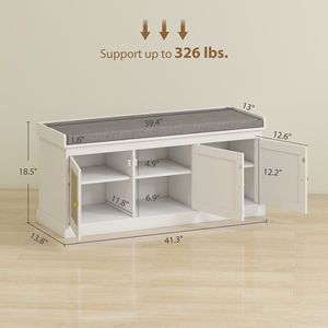 Banco de Almacenamiento de Zapatos Blanco Ajustable con Puertas de Ratán Tejido y Cojín, Banco de Entrada con Estantes Ajustables - Product Image 3