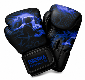 Gants de boxe IBERIA Premium noirs avec imprimé crâne flamme bleue, gants d'entraînement en cuir PU, logo personnalisé, équipement sportif en gros OEM - Product Image 1