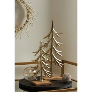 Sculpture de sapin de Noël en métal doré de luxe avec base en bois de manguier, décoration festive moderne pour la maison, figurine de table, ornement - Product Image 1