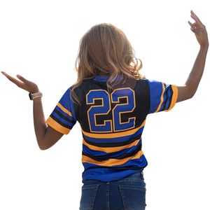 เสื้อเบสบอลลายทางสีดำ Sigma Gamma Rho SGRho 22 สีน้ำเงินทอง เสื้อผ้ากรีกพรีเมียมสำหรับผู้หญิง เสื้อเจอร์ซีย์มีสไตล์ - Product Image 4
