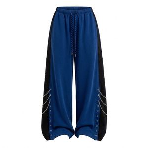Pantalones Anchos de Punto Azules para Mujer con Cadena Lateral Bordada, Cintura con Cordón Ajustable, Estilo Casual, Largura al Tobillo, Corte Holgado, para Primavera - Product Image 1