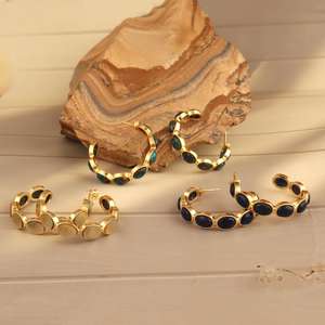 Boucles d'oreilles créoles en argent sterling 925 plaqué or 14 carats, pierres précieuses lapis lazuli et labradorite, bijoux faits main pour femmes - Product Image 1