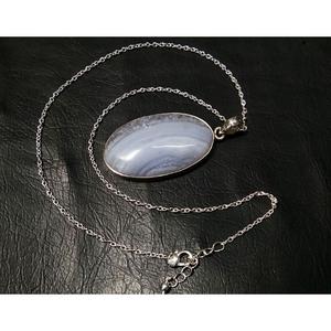 Pendentif ovale en agate bleue naturelle, serti en argent sterling 925, fait main, breloque en agate rayée, bijoux en gros - Product Image 5