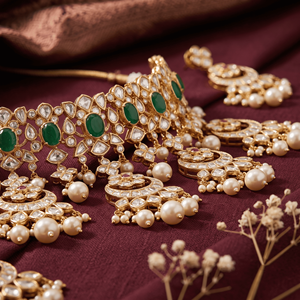 Ensemble de collier de mariage ethnique indien traditionnel, boucles d'oreilles assorties, Maang Tikka, or, moissanite, bijoux de mode pour femmes - Product Image 4