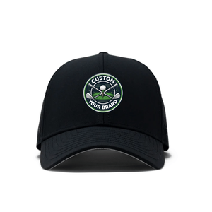 Casquettes de golf imperméables perforées personnalisées, casquettes de baseball sportives à 5 panneaux avec visière incurvée et logo en caoutchouc PVC, fabriquées au Vietnam - Product Image 1