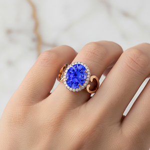 Bagues solitaires Halo en or massif 18 carats avec pierres précieuses de tanzanite naturelle de forme ovale et bagues de fiançailles et d'anniversaire - Product Image 2