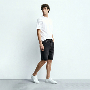 Shorts en jean pour homme, coupe droite, délavé foncé, taille mi-haute, style décontracté d'été, 100% coton tissé - Product Image 3