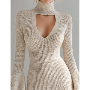 Vestido mini de punto con cuello simulado, abertura tipo llave, manga acampanada escalonada, tejido acanalado melange, vestido suéter ajustado con cuello choker - Product Image 1