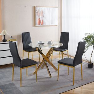 Set da Pranzo Mid-Century 1+4,5 Pezzi con Tavolo con Gambe in Metallo per 4-6 Persone, Piano in Vetro, Tavolo da Pranzo con Base a Piedistallo per Sala da Pranzo - Product Image 1