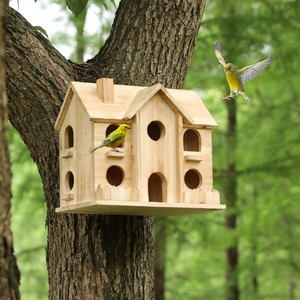 Handcrafted Acacia Wood Rectangle Birdhouse Set-Tabletop Installation Hand-Painted Botanical Design Wholesale - Product Image 3