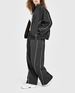 New Custom <b>Black</b> Zipper Wind Breaker Contrast White Piping <b>Windbreaker</b> Set Memory Fabric Breathable Women's Summer Tracksuit Set - Product Image 3