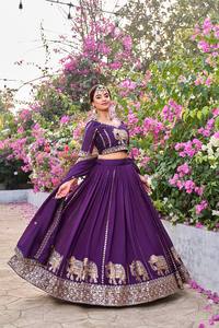Conjunto de Lehenga de Seda Morada Bordada con Motivo de Elefante, Blusa y Dupatta Cosidos, Traje Tradicional Indio para Boda - Product Image 3