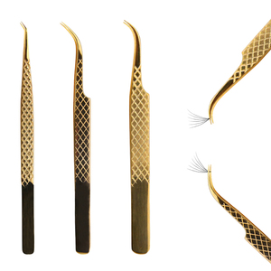 Ensemble de 3 pinces à épiler en titane doré de qualité supérieure, pinces de précision à poignée diamantée, fournitures pour extensions de cils en gros - Product Image 1