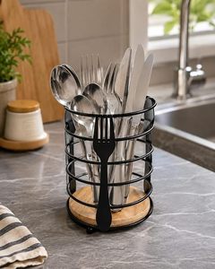 Cylindrical Metal <b>Utensil</b> <b>Holder</b> With Base Rust Resistant <b>Kitchen</b> Storage Rack Minimalist Design Standing Type - Product Image 1
