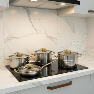 Artisanal Hammered Stainless Steel Casserole <b>Frying</b> <b>Pan</b> Set Eco-Friendly Europe Premium Decorative Cookware Golden Grape Accents - Product Image 4