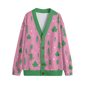 Cardigan en polaire tricoté rose et vert à col en V pour l'hiver, inspiré de la sororité Hacci Fleece, avec logo frontal stylisé Arbre et Lierre - Product Image 1