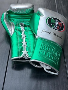 No Boxing No Life Guantes de Boxeo Verdes Plateados Estilo Mexicano con Cordones, Logotipo Grabado, Diseño Personalizado, Cuero Genuino Elástico - Product Image 1