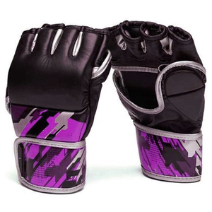 Gants d'entraînement MMA demi-doigts en cuir PU violet et noir avec fermeture auto-agrippante au poignet, unisexe, arts martiaux - Product Image 4