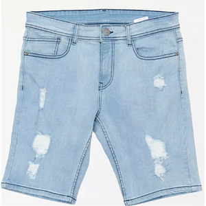Shorts de Mezclilla Azul Claro para Hombre, Cintura Media, Desgastados, Transpirables, 100% Algodón, Lavado Claro, Estilo Casual Otoñal - Product Image 6